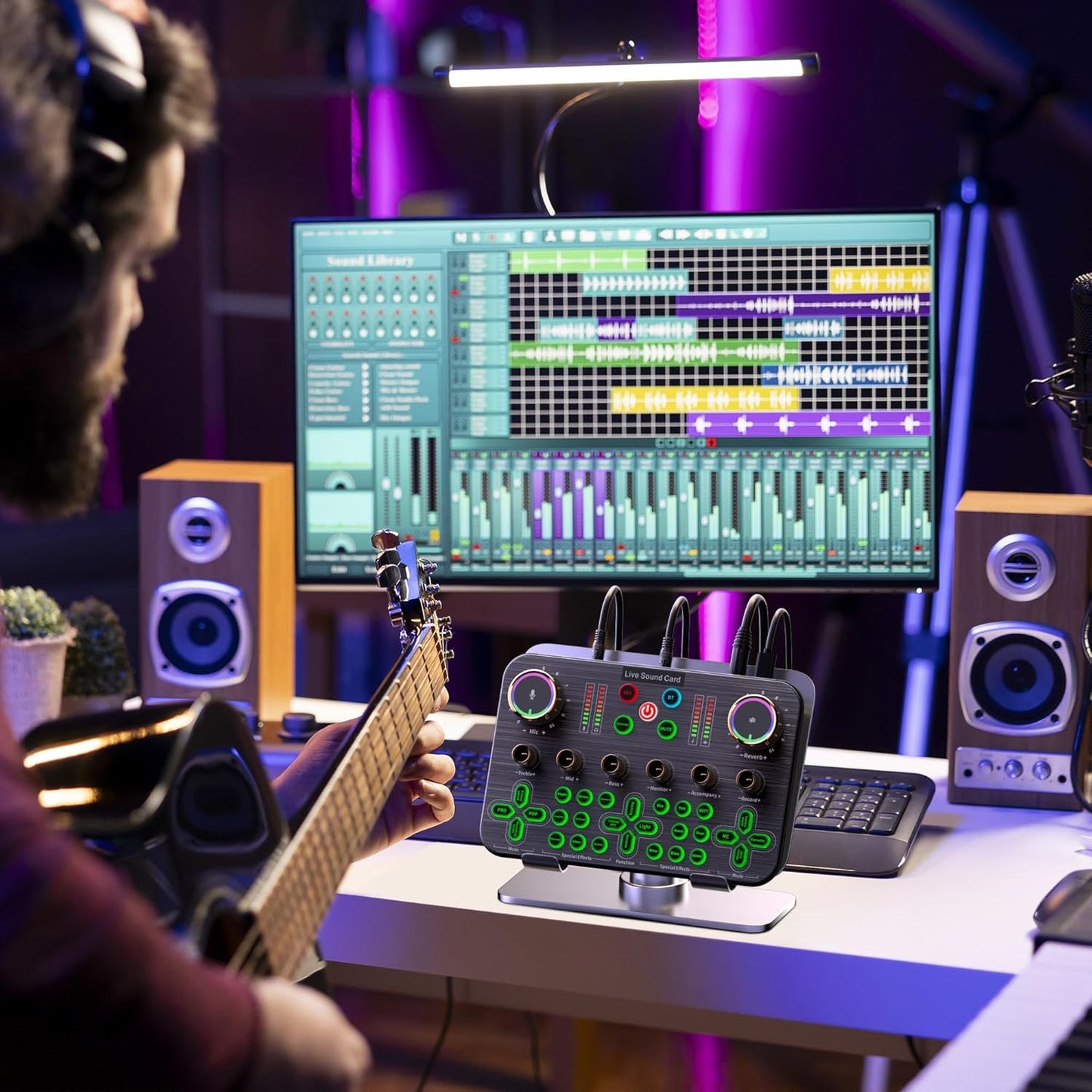 Facmogu K600 Gaming Audio Mixer, Streaming Audio Mixer with XLR Microphone Support, DJ Mixer Built-in 48V Phantom Power, Live Sound Card for PC Phone Live Streaming Podcasting Karaoke Tiktok YouTube