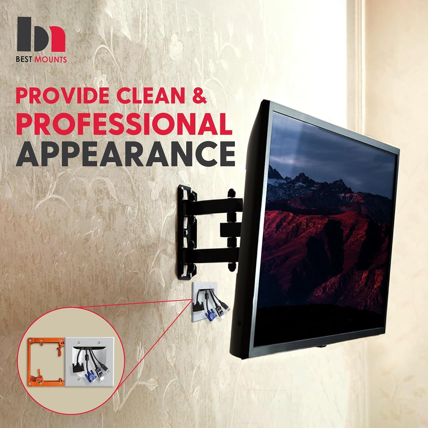 BestMounts - 2 Pack In Wall Cable Management Kit - Recessed Wall Plate Cable Pass Through Pair with Dual Gang Low Voltage Mounting Bracket - TV Cord Hider for Wall Mounted TV ETL Listed