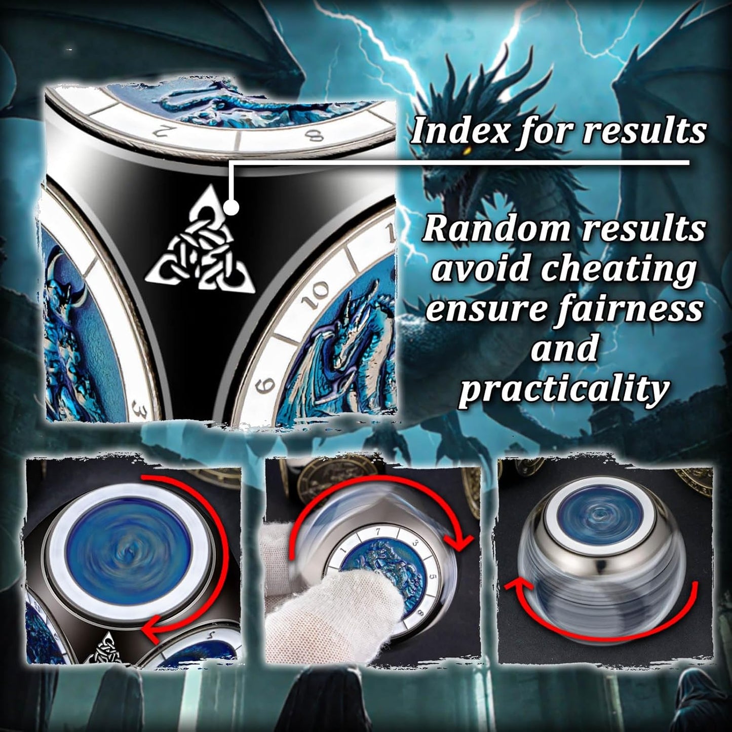 7 in 1 D6 Spinner DND Dice Set D&D, Metal Cube D and D Dice with Gift Box, Dungeons Dragons Role Playing Dice, Black Blue