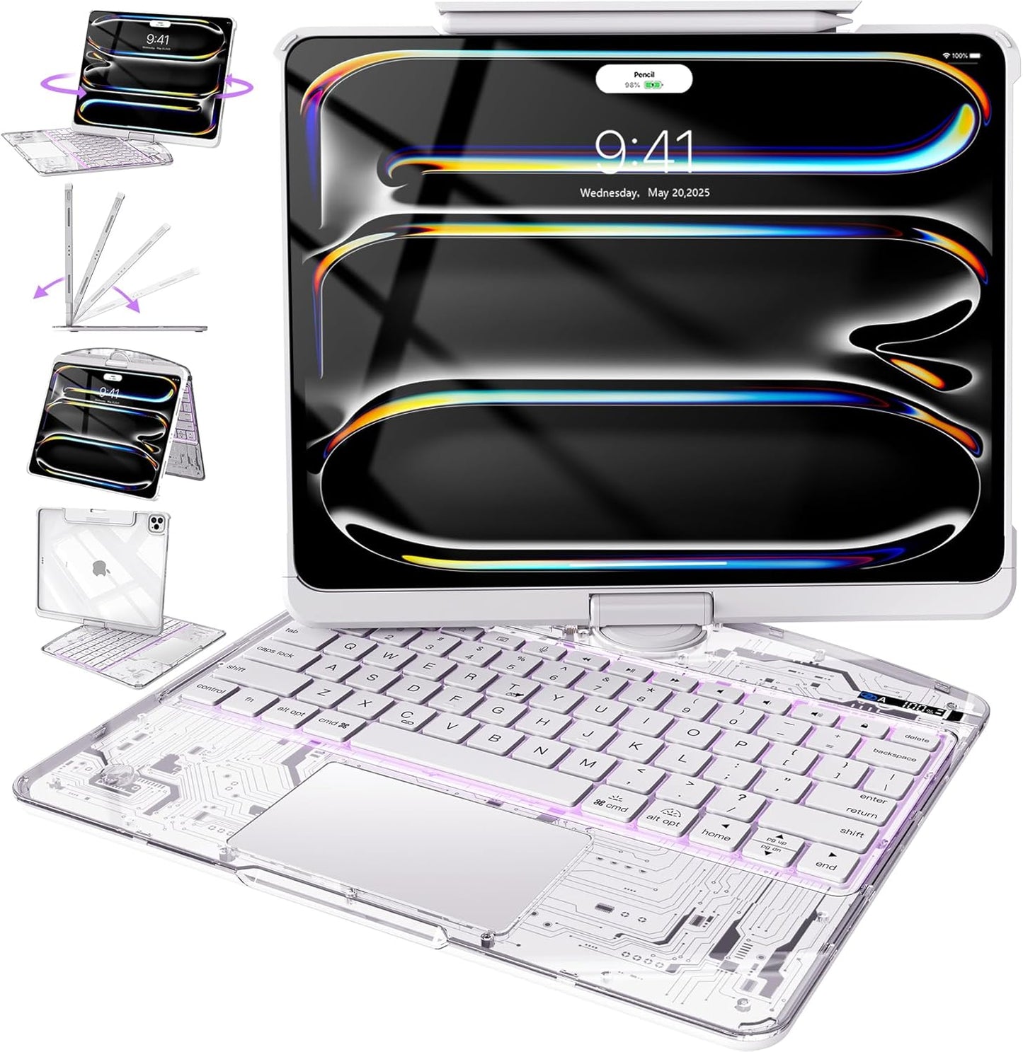 Intermerge Clear Keyboard Case for iPad Pro 13" (M4) 2024 Only, 360° Swivel Multi-Touch Trackpad, 7-Color RGB Backlit, Pencil Holder, Type-C, Power Indicator, Frost Pulse