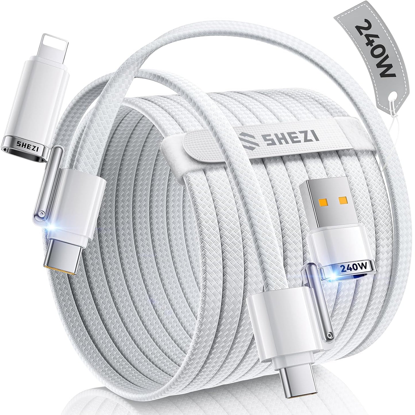 SHEZI 4-in-1 USB C Cable Compatible with Lightning Cable 240W Fast Charging & Data Transfer, Support to CarPlay & Android Auto, 5FT Multi Cords Charger for iPhone/iPad/Samsung/MacBook, White