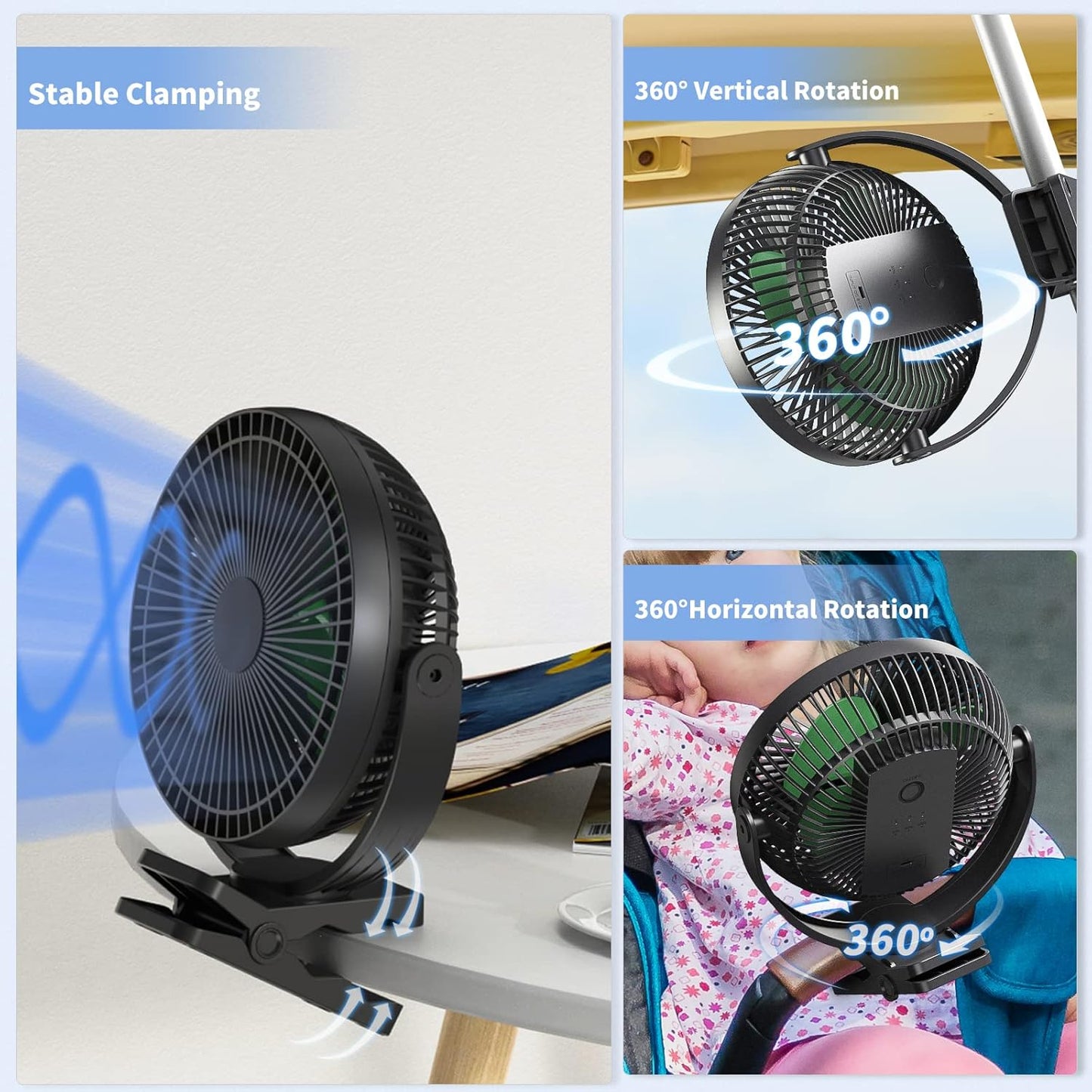 Clip on Fan, Rechargeable Portable Fan, 8 Inch Small Desk Fan - 10000mAh Battery Powered Fan with 4 Speed, 360° Rotation Personal Fan Suitable for Golf Cart, Bedroom, Travel and Camping (Green)
