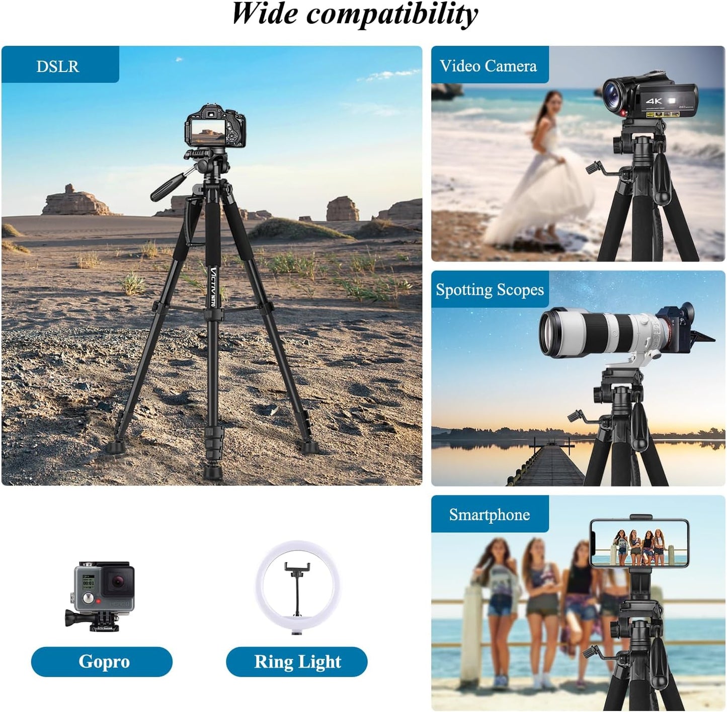 VICTIV 74” Camera Tripod, Tripod for Camera and Phone, Aluminum Professional Tripod Stand for Canon Nikon with Carry Bag and Phone Holder, Compatible with DSLR, iPhone, Spotting Scopes, Max Load 9.5Lb