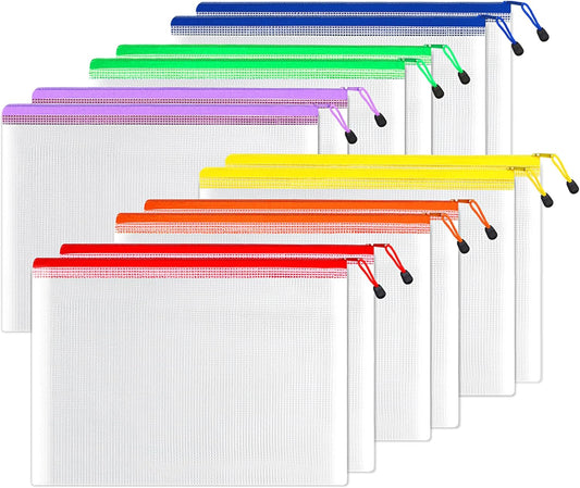 SUNEE 12pcs Mesh Zipper Pouch 11x16, Large Storage Bags for Board Game & Puzzle Organizing, Reusable Plastic Zip Organizer for Travel (A3, 6 Colors)