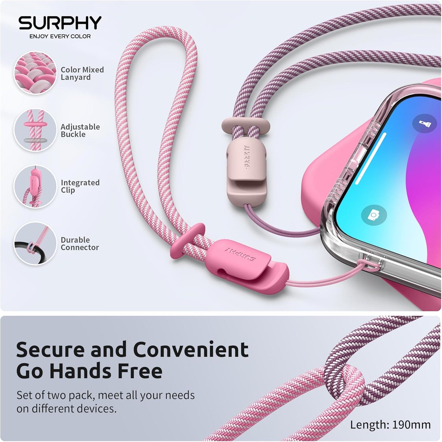 SURPHY 2 Pack Phone Lanyard for Cellphone Case, Phone Wrist Strap for Case, Cellphone Strap with 2-Color Braided, Charm Wrist Lanyard for Women and Men, Pink & Rose Pink