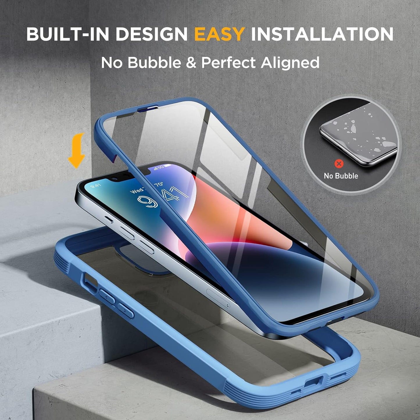 Miracase Glass Series Designed for iPhone 14 Plus Case 6.7 inch, 2023 Upgrade Full-Body Clear Bumper Case with Built-in 9H Tempered Glass Screen Protector and Camera Lens Protector,Blue