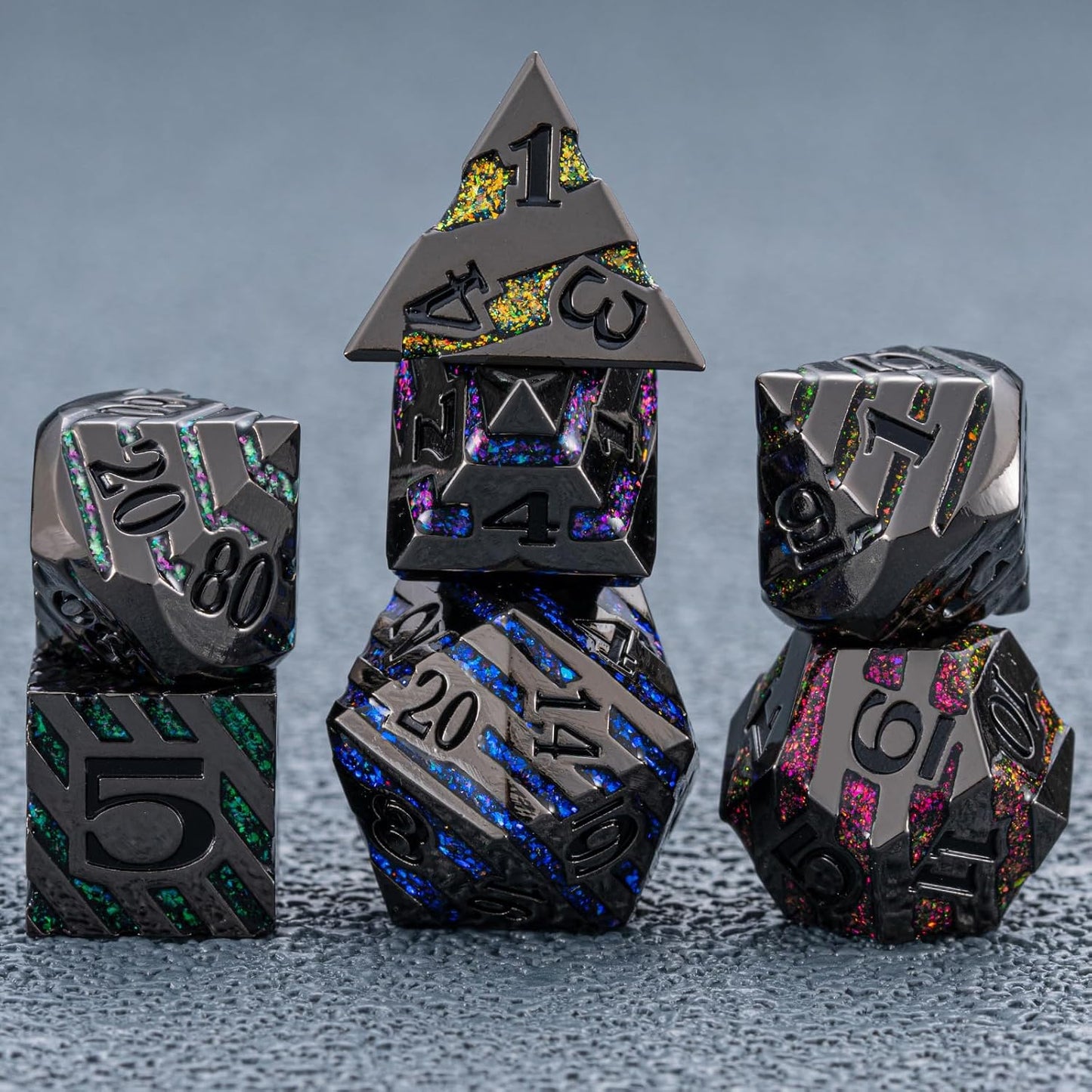 Metallic Glitter Stripes D&D Dice Set,7 PCS Polyhedral Dice Set with Gift Metal Box for Dungeons and Dragons,DND Metal Dice for Tabletop Game (Black Nickel Seven Colors)