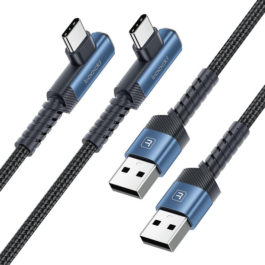 USB C Cable Right Angle, 2-Pack 6.6ft USB A to USB C Charger Cable 90 Degree Braided Fast Charging Carpaly Cord for Samsung Galaxy S23/ S22+/S21+/Note 10, LG V30, Switch