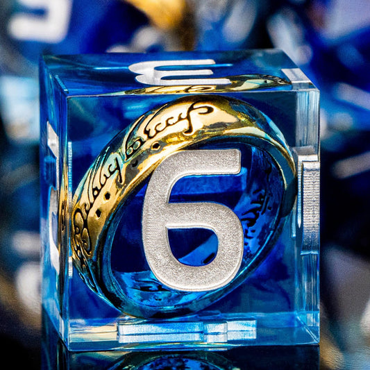 Magic Golden Ring DND Dice Set with Dice Box, Blue Resin Sharp Edge D and D Dice for use with D&D Tabletop Games Handmade Lord Polyhedral Dice Set D20 D12 D10 D8 D6 D4