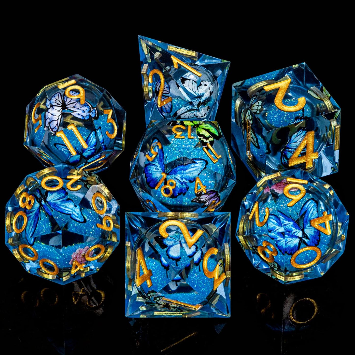 Butterfly DND Dice Blue Liquid Core Dice Set with Metal Box, Handmade Sharp Edge D and D Polyhedral Dice for use with D&D Role Playing Game, D20 D12 D10 D8 D6