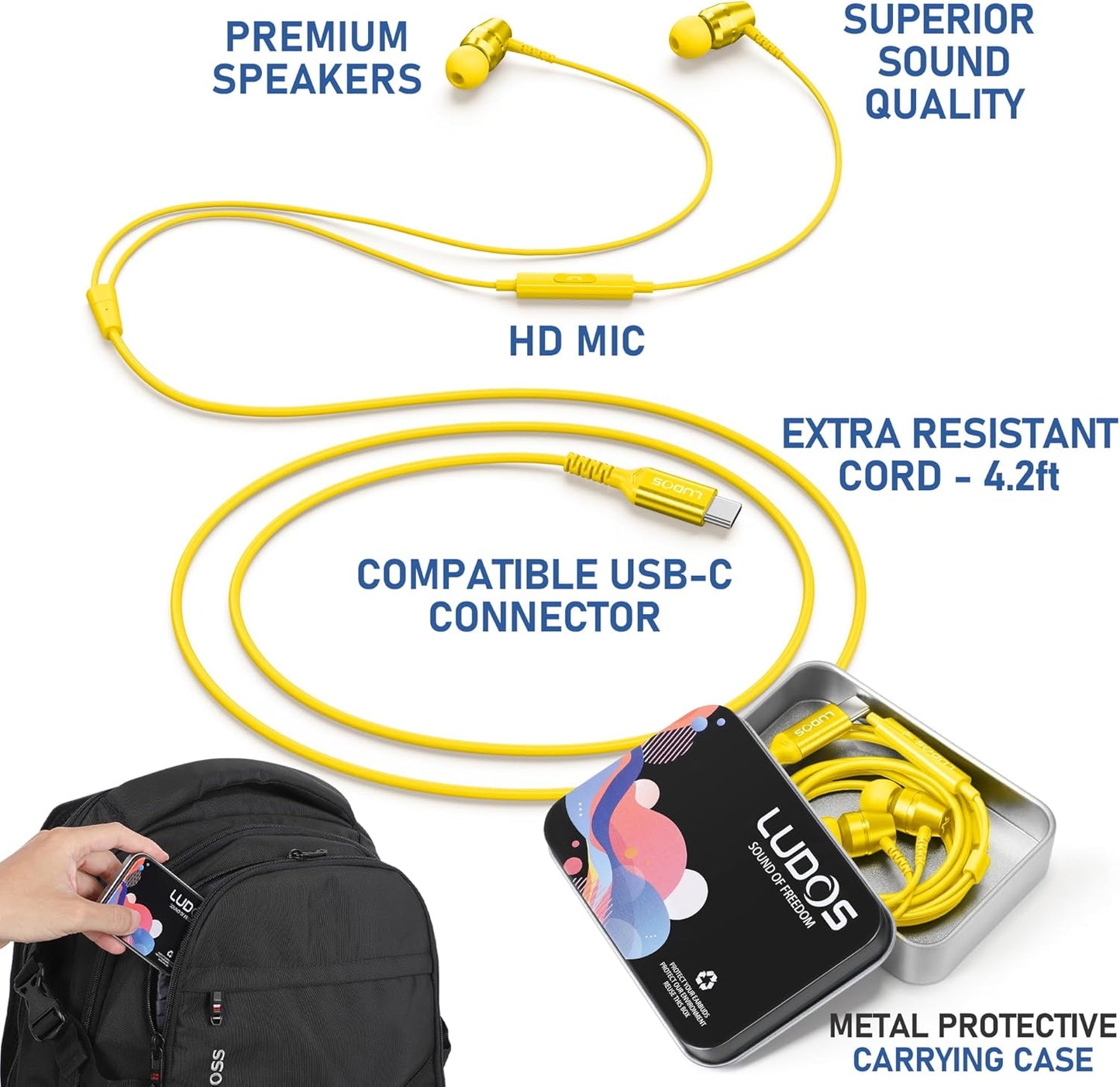 LUDOS OMNITONE USB C Headphones for iPhone 16 15 Pro Max Plus iPad Pro, 5 Years Warranty, USB-C Earbuds for Galaxy S24 S23 S22 S21 S20 A55 A54 A53, USB Type C Earphones - Yellow