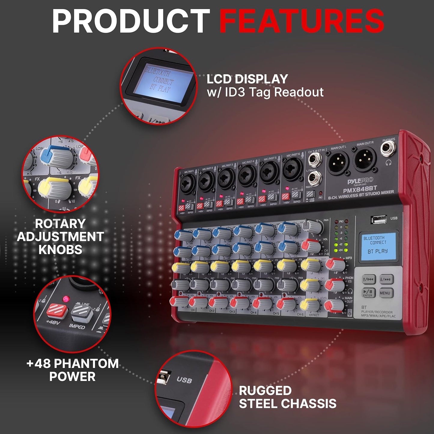 Pyle Professional Wireless DJ Audio Mixer - 8-Channel Bluetooth Compatible DJ Controller Sound Mixer w/USB Port, 6 Mic/Line Input, ¼” Mono/Stereo Input, Headphone Jack, +48V Phantom Power - PMX848BT