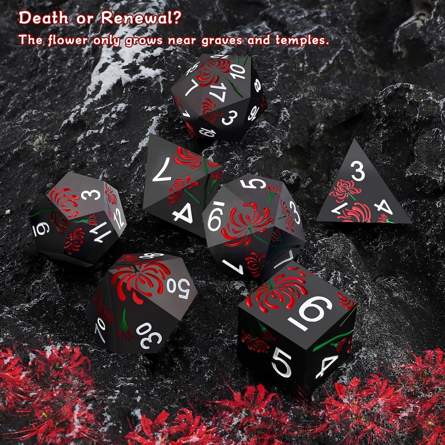 PJOY Metal Dice Set D&D Flower Dice Set DND Polyhedral Dice for RPG Role Playing Games Compatible with Dungeons and Dragons TTRPG Black Red White DND Dice