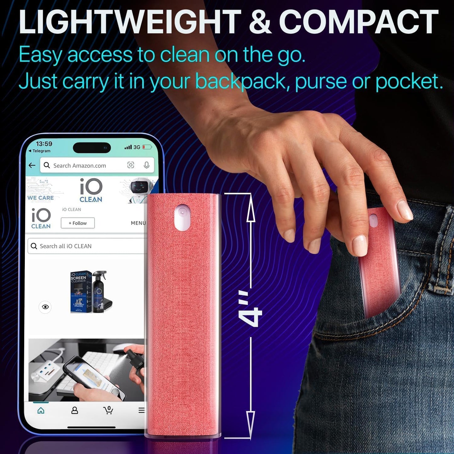 Mini Screen Cleaner Spray – Finger Proof Screen Cleaner for Smartphones, iPads, MacBooks, Laptops, Car Screens, Touchscreens – 3in1 Mist Cleaner, Microfiber Cloth and Protective Cover (Pink)