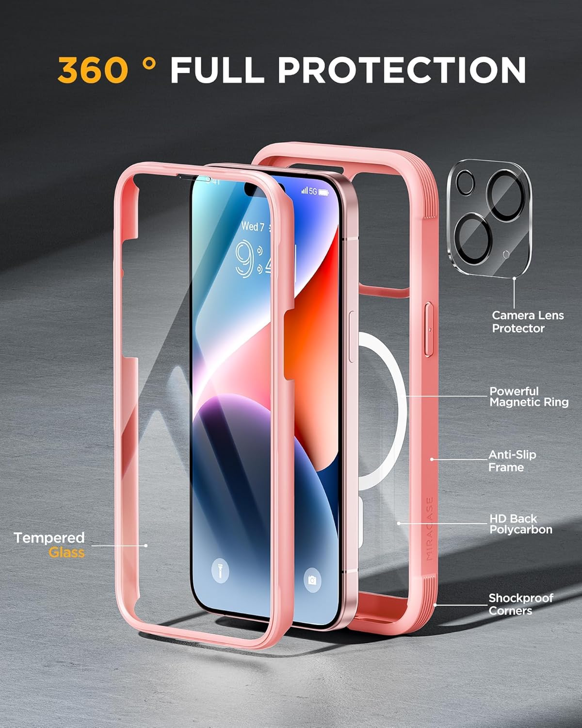 Miracase Glass Series for iPhone 15 Case [Compatible with MagSafe] Full-Body Magnetic Case with Built-in 9H Tempered Glass Anti-Fingerprint Screen Protector + Camera Lens Protector, Baby Pink