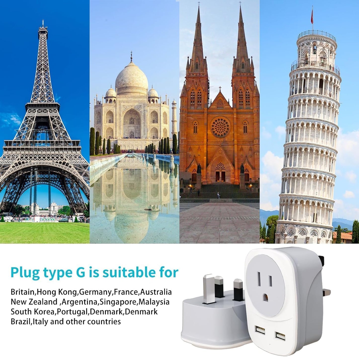 2 Pack Italy Travel Power Adapter, Italy Travel Plug Adapter with 2 USB and 2 USBC Ports, L-Shaped 3-Pin Ground Plug for USA to Italy Uruguay Chile Rome