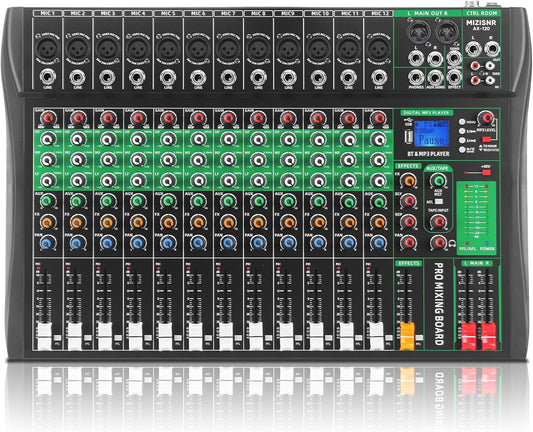 12 Channel Audio Mixer, Professional DJ Mixer Board Sound Music Mixing Console Digital Mixer with Reverb, Bluetooth, USB Port, 48V Phantom Power for Recording Karaoke Podcasting