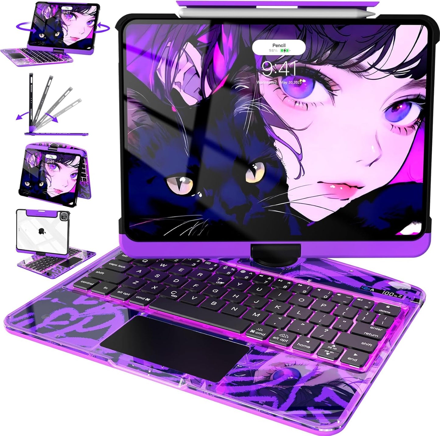 Intermerge for iPad 9th 10.2 inch Keyboard Case, 360° Transparent Multi-Touch Trackpad, 7-Color Backlit Keyboard, Pencil Holder, Type-C, Power Indicator for 9th/ 8th/ 7th - Neon Pulse