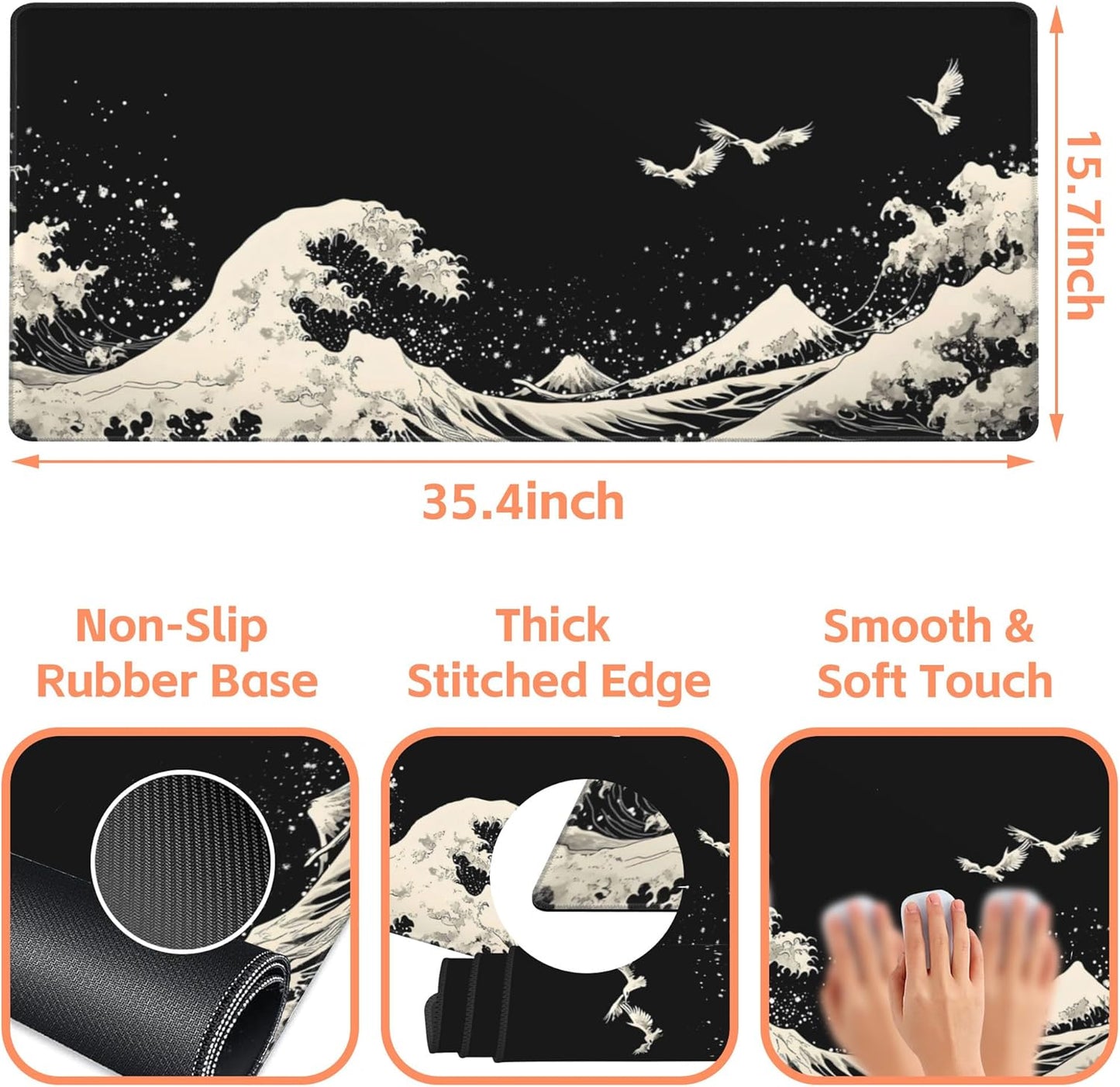 Mouse Pad Large White Wave Non-Slip Gaming Desk Mat with Stitched Edge Laptop Keyboard Desk Pad for Work Home Gaming (35.4 x 15.7 Inches)