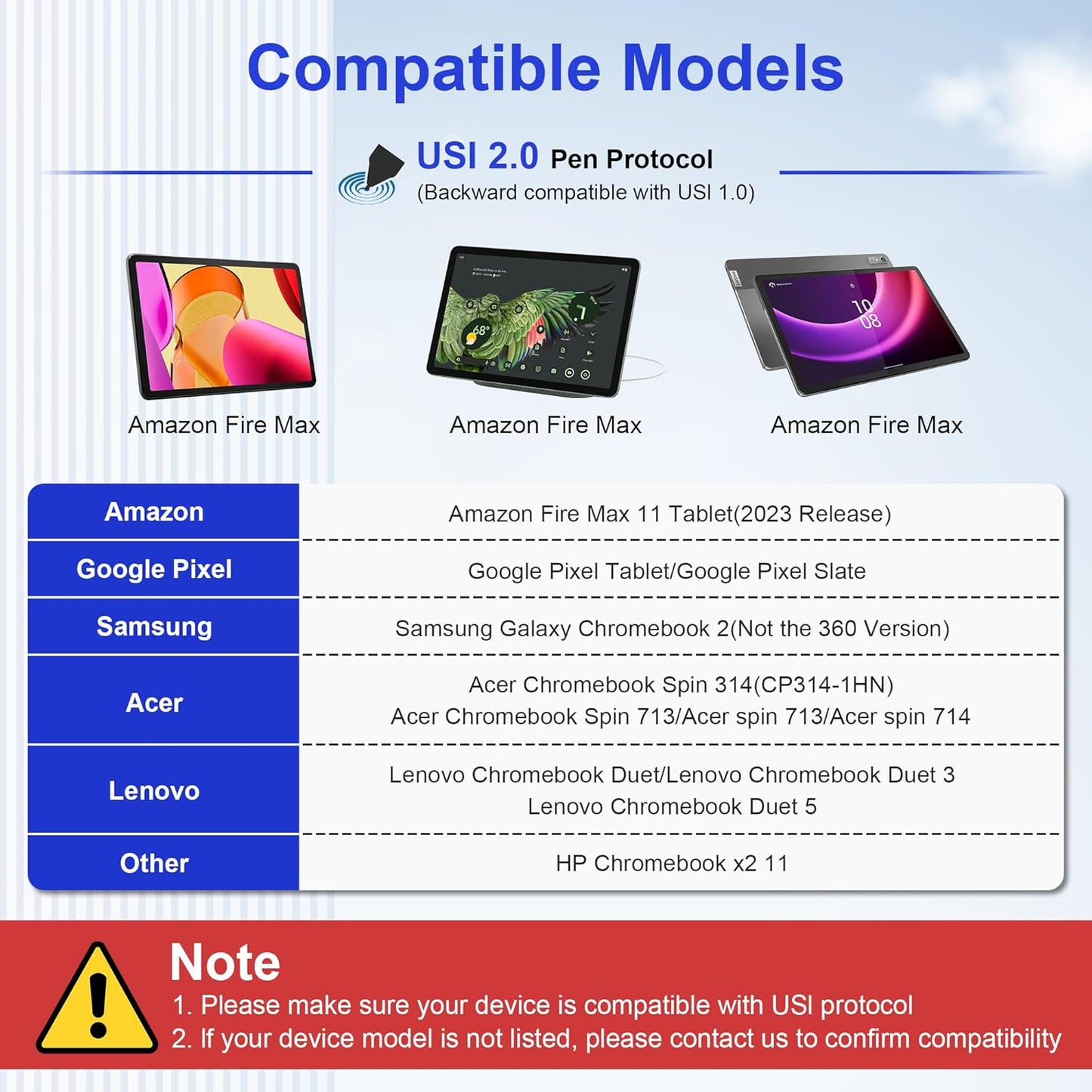 USI 2.0 Stylus Pen for Chromebook & Google Pixel Tablet - Amazon Fire Max 11 Tablet, Lenovo Chrome Book Duet, Acer Chromebook Spin 314, HP, Google Pixel Tablet Stylus, 4096 Pressure USI Stylus Pen