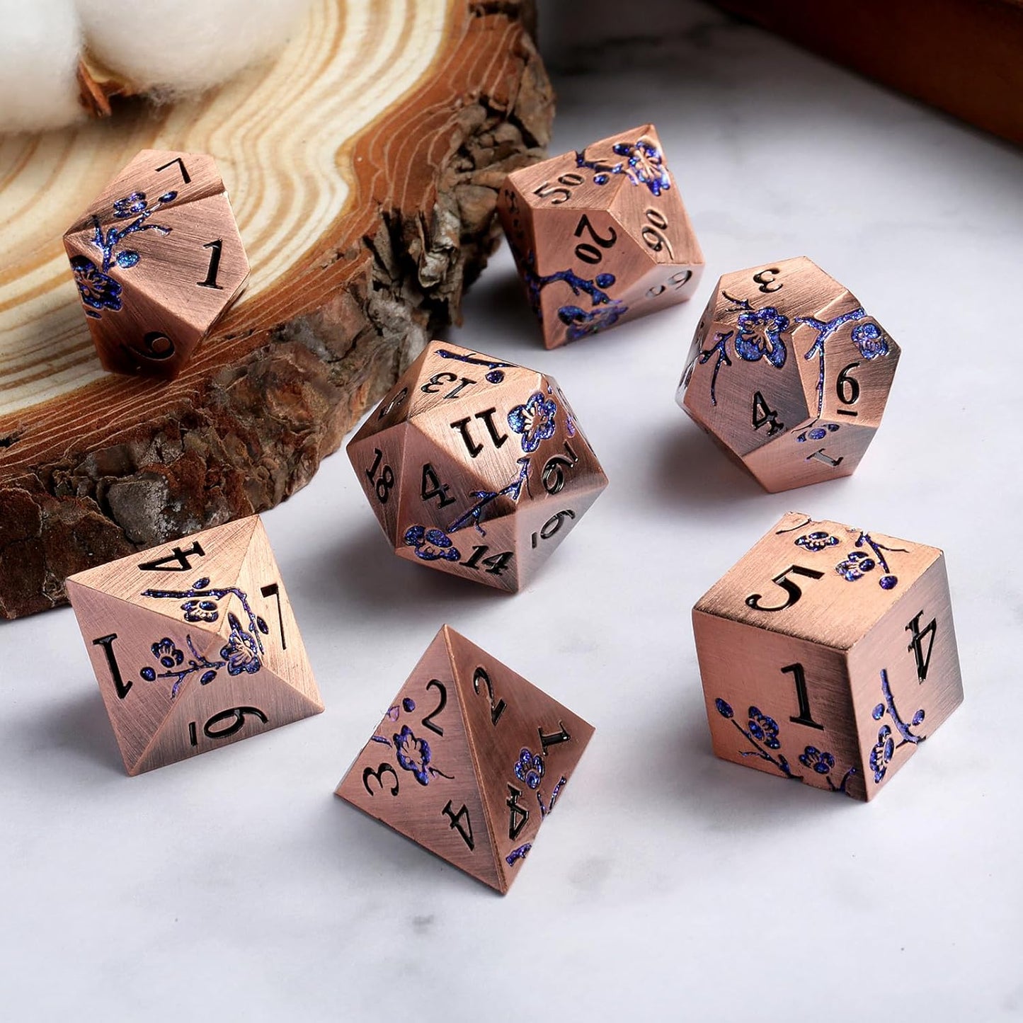 DNDND Metal Dice, 7 PCS Heavy Solid Metallic Flower DND Dice Set with Gorgeous Gift Case for D&D Dungeons and Dragon Tabletop Game (Ancient Copper)