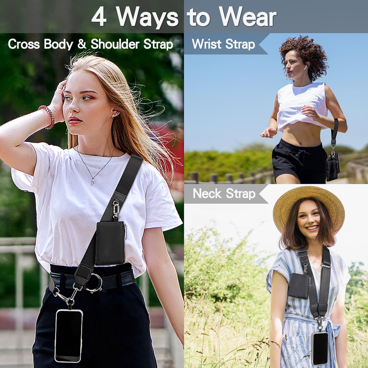 kullder Clip and Go Phone Strap Crossbody with Zipper Wallet, 2 Pcs-Crossbody Lanyard & Wrist Strap-1 Pad, 2 Wallets, Save Girls Phone Strap with Pouch, Universal Lanyard Cellphone Holder (Black)