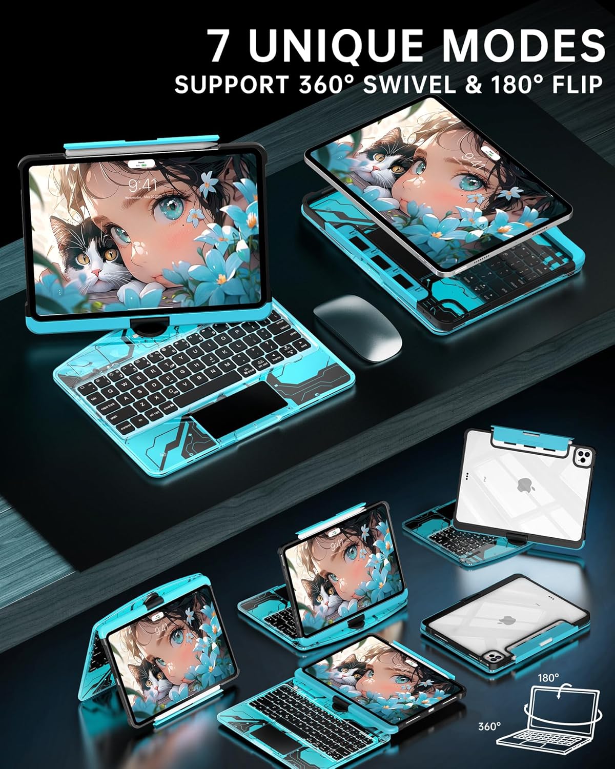 Intermerge Clear A16 11th (2025) & 10th Generation 10.9" Case with Keyboard, 360° Transparent Multi-Touch Trackpad, 7-Color RGB Keyboard, Pencil Holder, Type-C, Power Indicator, Aqua Pulse