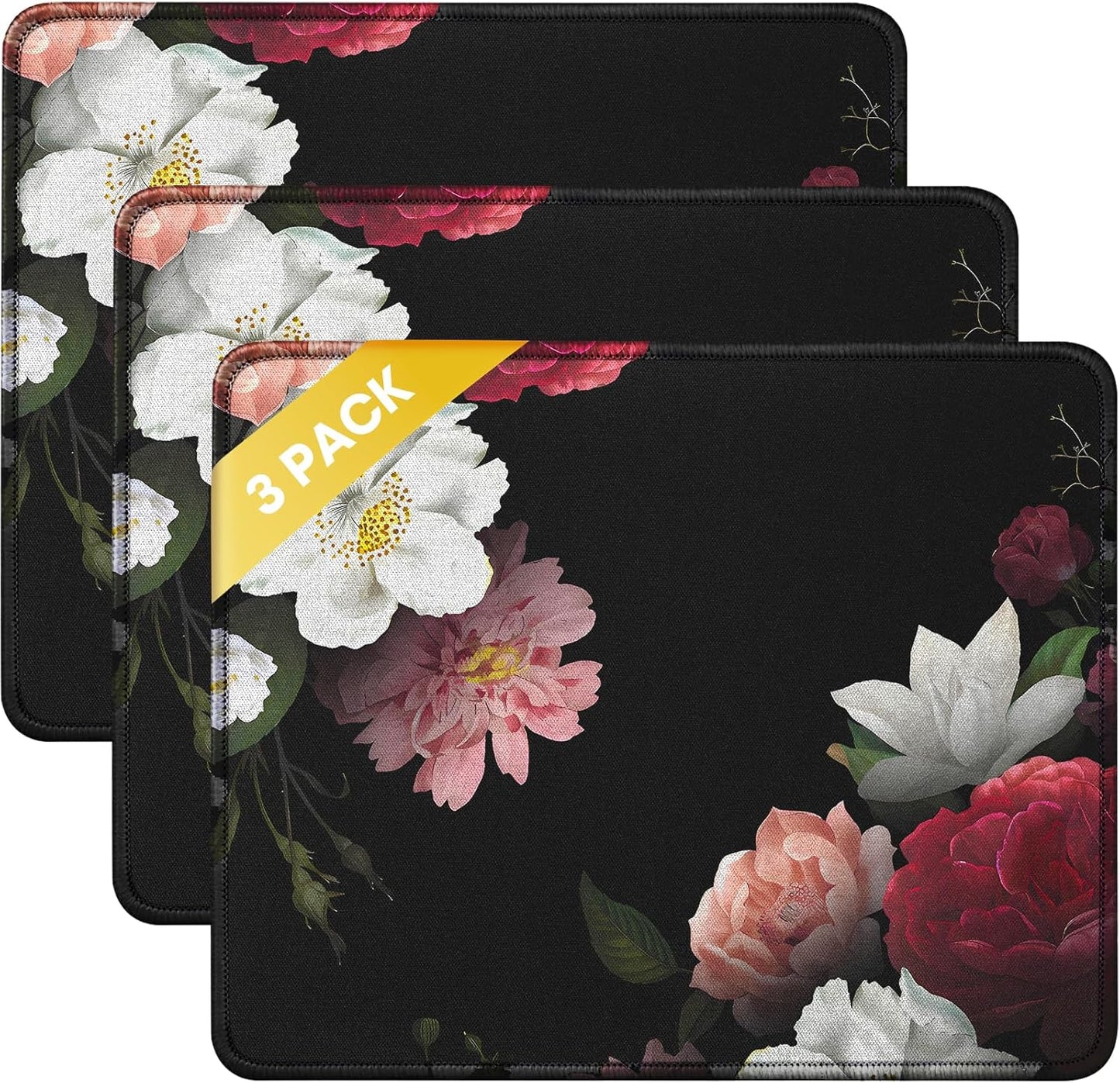 JIKIOU 3 Pack Mouse Pad with Stitched Edge, Comfortable Mouse Pads with Non-Slip Rubber Base, Washable Mousepads Bulk with Lycra Cloth, Mouse Pads for Computers Laptop Mouse 10.2x8.3x0.12inch Peony