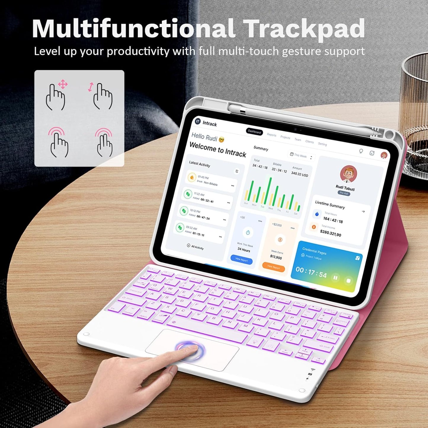 MoKo Touch Keyboard Case for iPad (A16) 11th Generation 11 inch 2025, iPad 10th Generation 10.9 inch Case with Pencil Holder, 7 Colors Backlit Multi-TrackPad Detachable Bluetooth Keyboard,Persian Pink