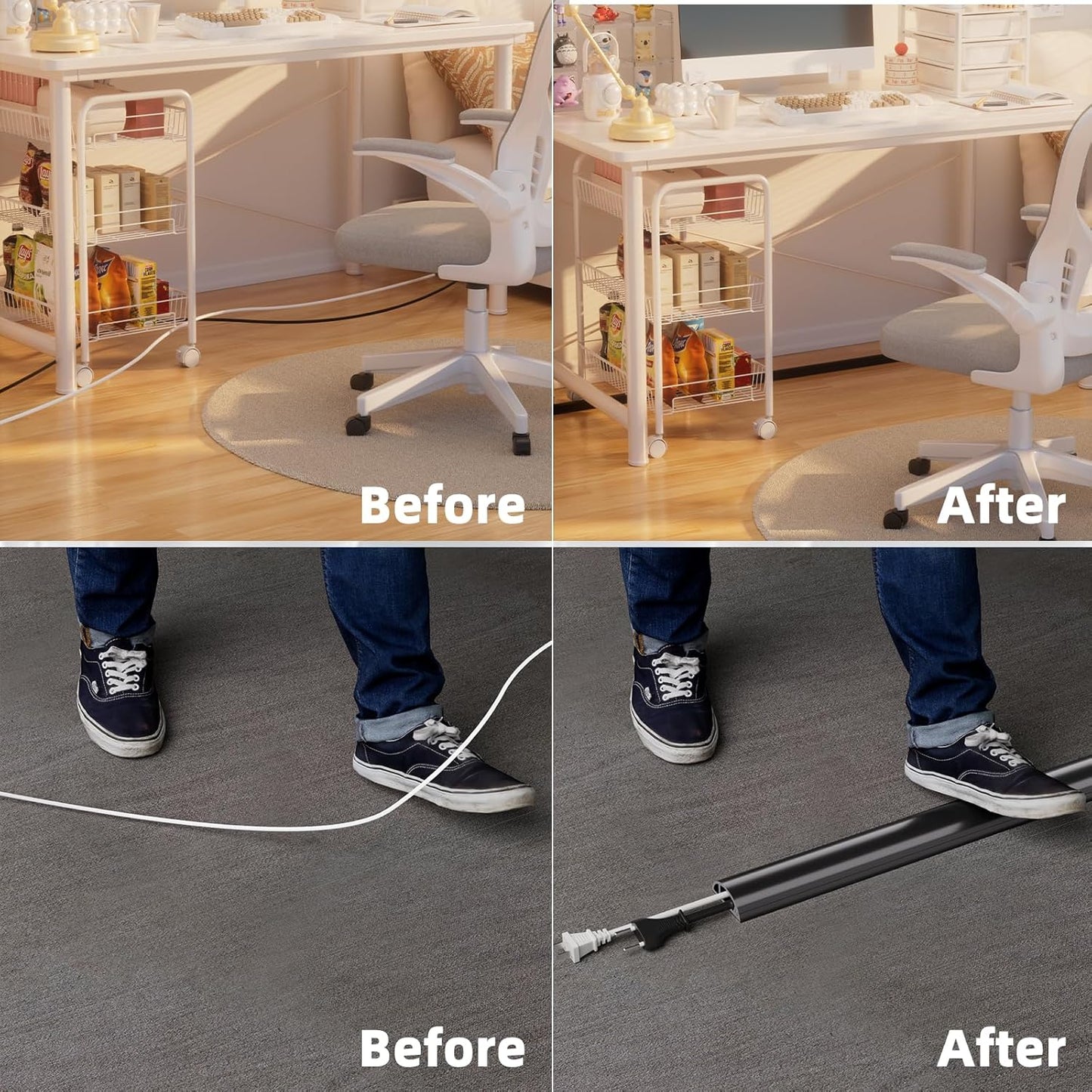 6ft Floor Cord Cover, Silicone Wire Hider, Hide Extension Cords, Protect Cords, Prevent Cable Trips, Heavy-Duty Adhesive-Backed Anti-Trip Cable Protector for Floor, Desk & Wall