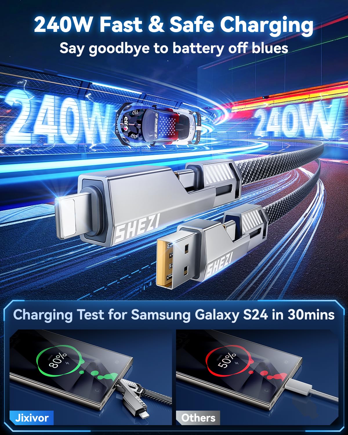 [One is Enough] 4-in-1 Compatible with USB C to Lightning Cable, 240W High-Speed Charging & Fast Data Transfer,CarPlay & Android Auto Support Multi Charger Cord Combo for iPhone/Samsung/iPad,5FT