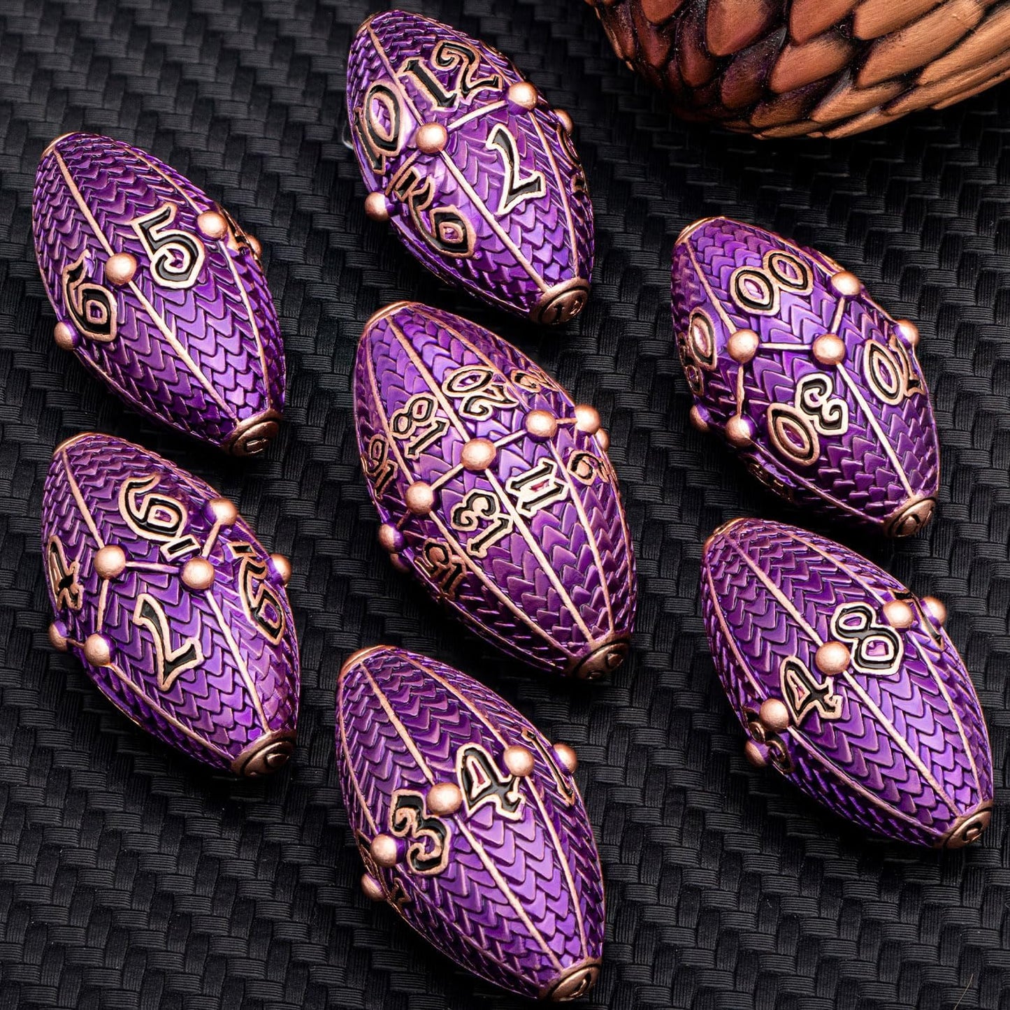 ARUOHHA DND Metal Dice Copper Purple Dragon Egg Dice with Rotating Dragon Egg Shell, Role Playing Game RPG Polyhedral D and D Dice Set D20 D12 D10 D8 D6 D4
