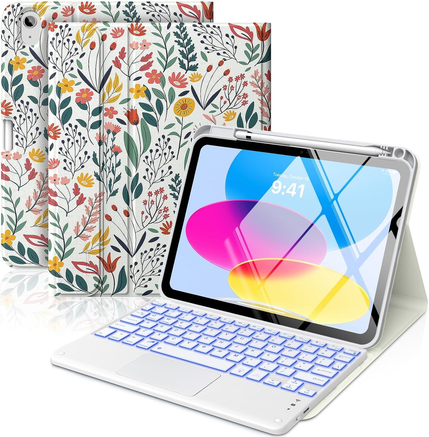 MoKo Touch Keyboard Case for iPad (A16) 11th Generation 11 inch 2025, iPad 10th Generation 10.9 inch Case with Pencil Holder, 7 Colors Backlit Multi-TrackPad Detachable Bluetooth Keyboard, Flowers
