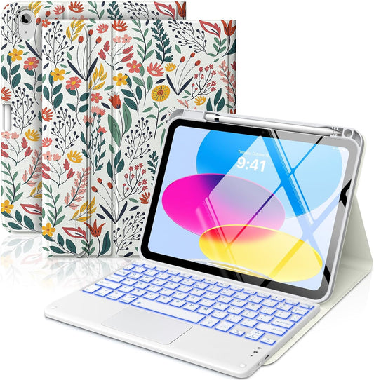 MoKo Touch Keyboard Case for iPad (A16) 11th Generation 11 inch 2025, iPad 10th Generation 10.9 inch Case with Pencil Holder, 7 Colors Backlit Multi-TrackPad Detachable Bluetooth Keyboard, Flowers