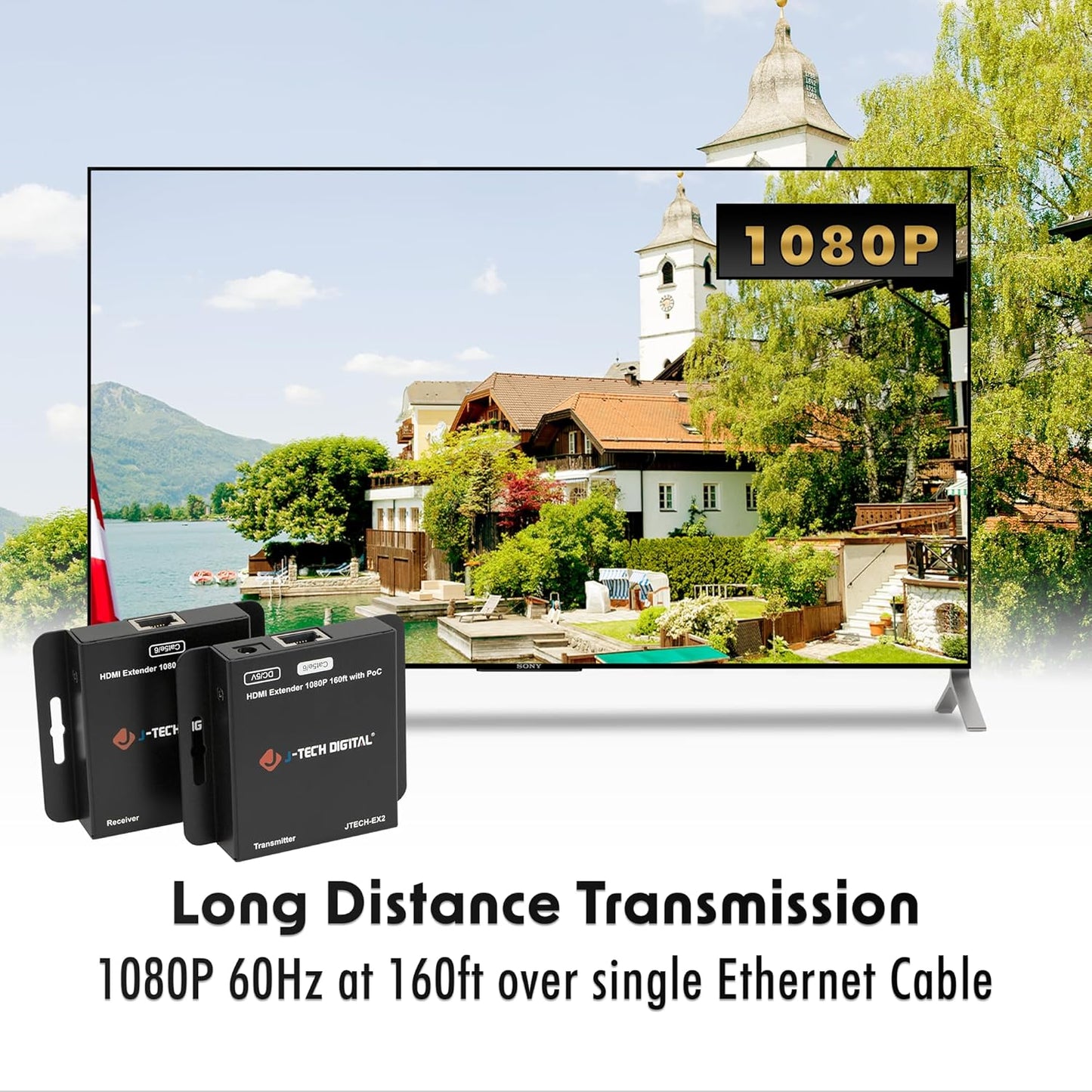 J-Tech Digital HDMI Extender Over Single Ethernet Cat5e/6/7 1080P Up to 1080P 160ft Support PoC 3D Digital Audio, Works with Laptop Desktop, Transmitter and Receiver [JTECH-EX2]