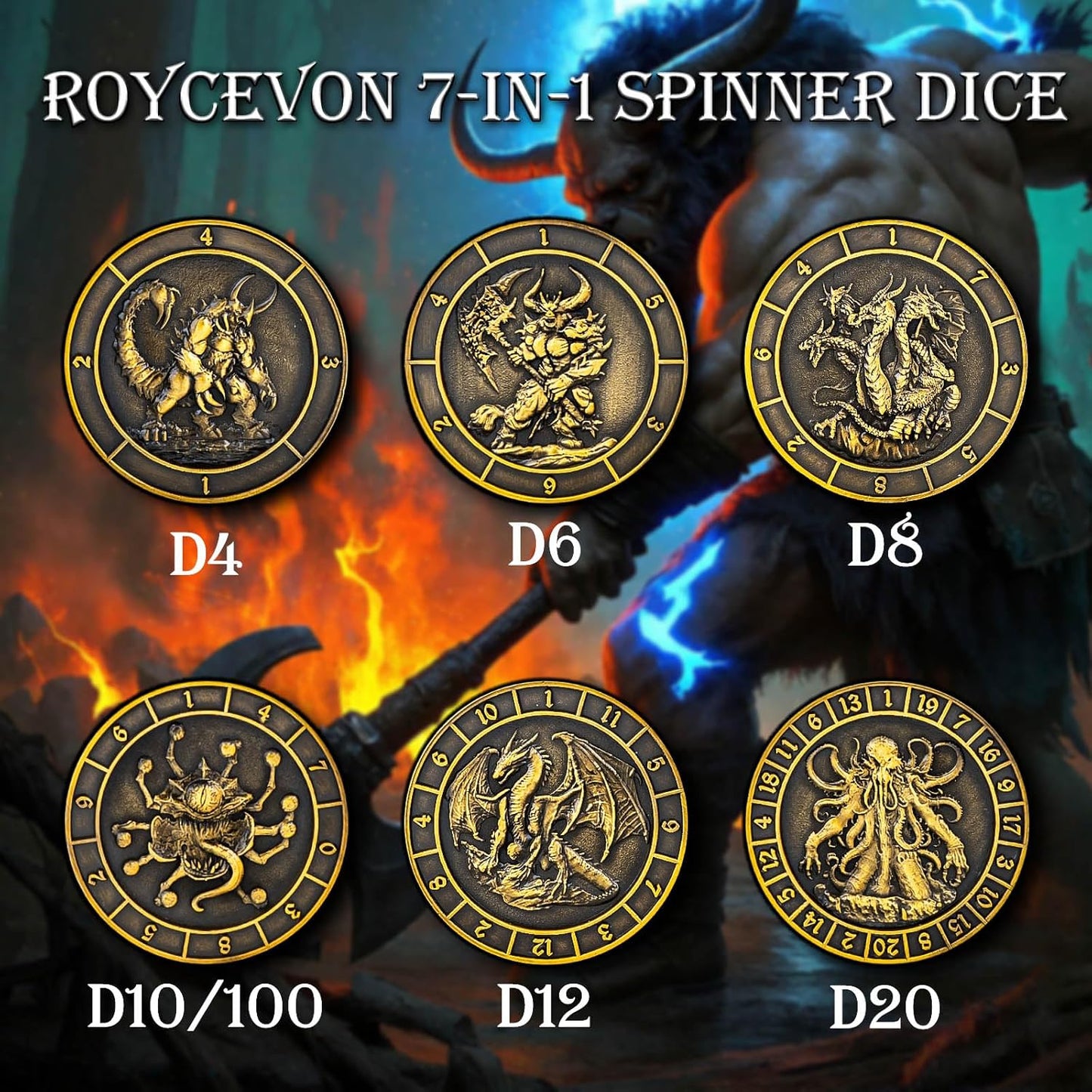7 in 1 D6 Spinner DND Dice Set D&D, Metal Cube D and D Dice with Gift Box, Dungeons Dragons Role Playing Dice, Gold