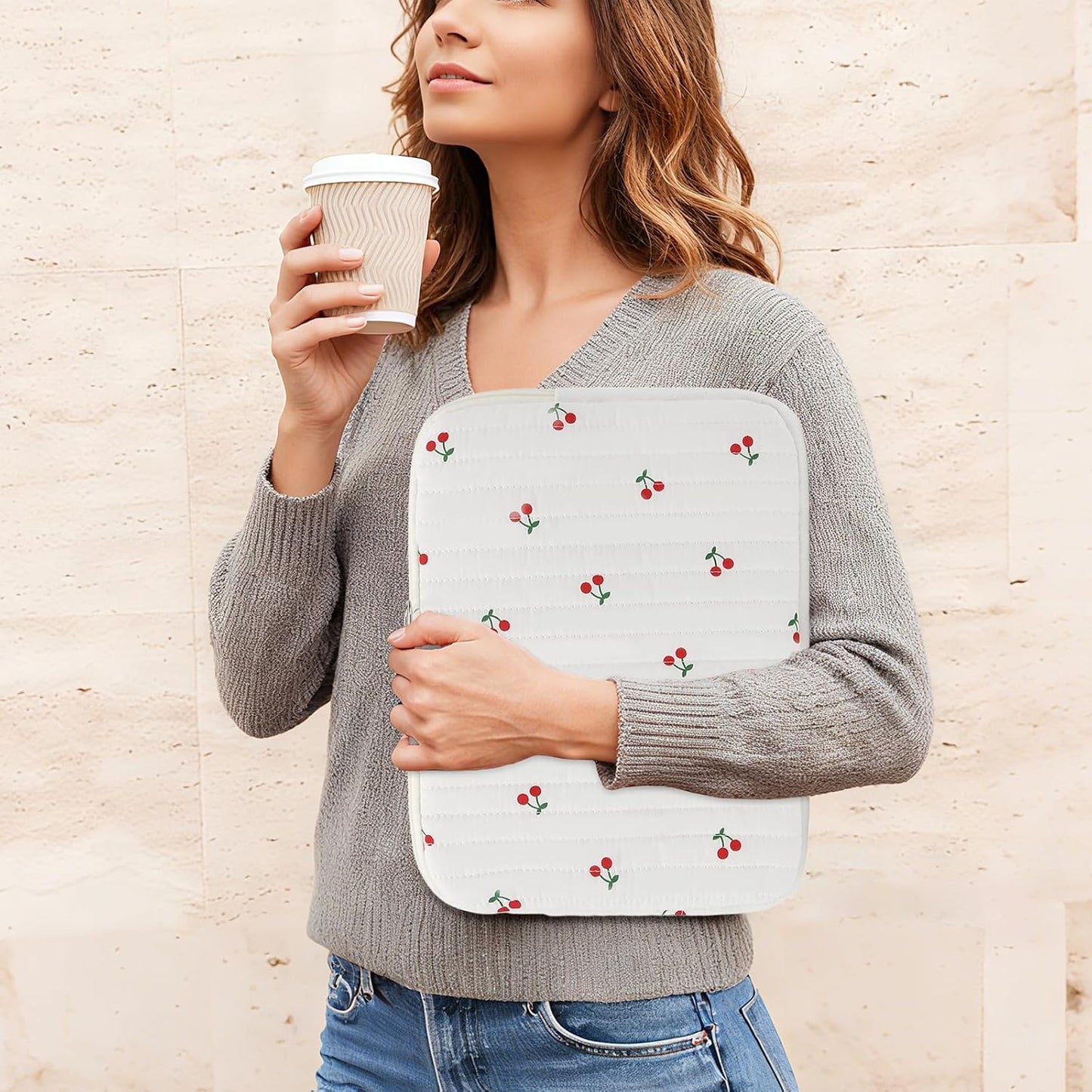 Puffy Laptop Sleeve 13-15.6 Inch Cute Quilted Laptop Protective Case Padded Floral Computer Sleeve for MacBook (B-Cherry, 13 Inch)