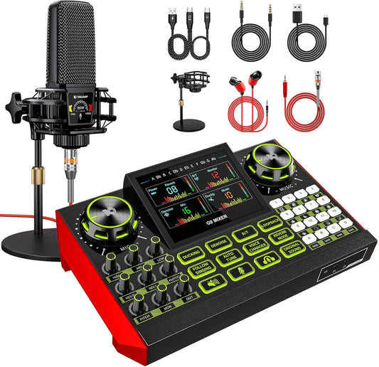 Podcast equipment bundle with live sound card audio mixer, podcast equipment with 3.5mm microphone, soundboard for phone, computer, live streaming, singing, recording, and content creation.