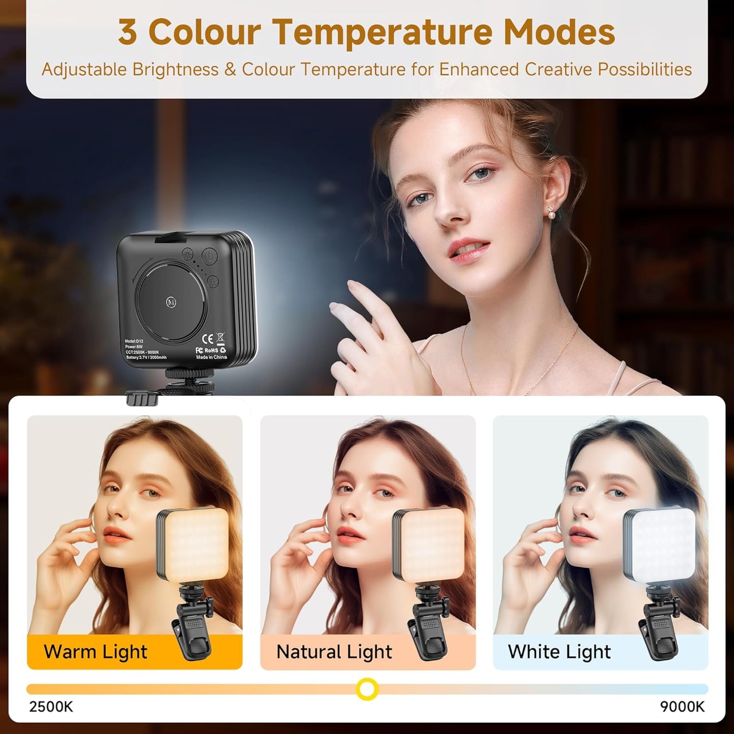 80 LED Selfie Light with 3 Modes, Portable Phone Light with Clip & 1/4 in Screw Hole, Rechargeable Clip Fill Video Conference Selfie Panel Lights for Phone/Camera/iPad/Laptop/TikTok
