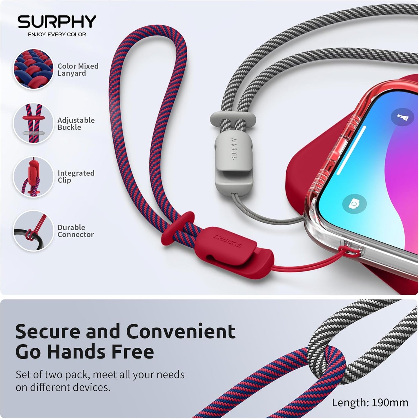 SURPHY 2 Pack Phone Lanyard for Cellphone Case, Phone Wrist Strap for Case, Cellphone Strap with 2-Color Braided, Charm Wrist Lanyard for Women and Men, Red & Gray