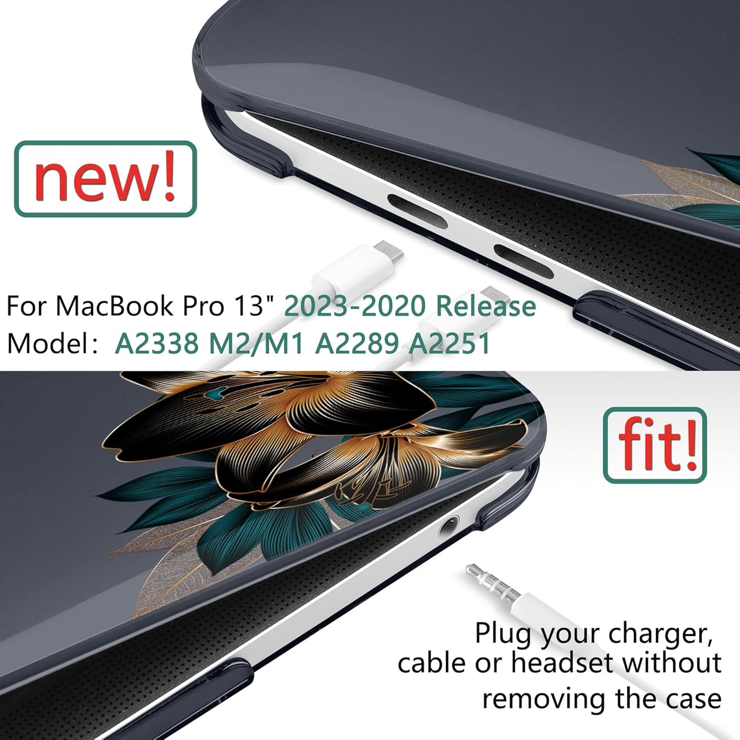 MEEgoodo Case for MacBook Pro 13 inch, Laptop Hard Shell with Keyboard & Camera Cover, Golden Lilies