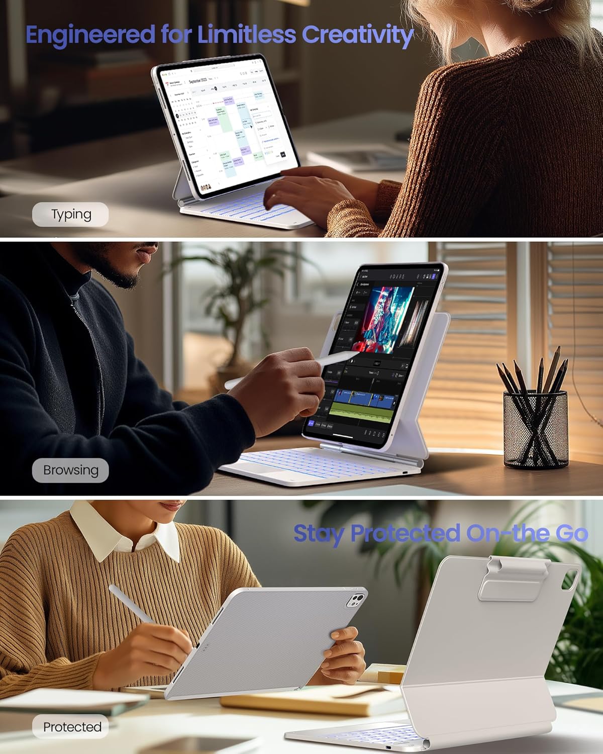 typecase Keyboard Case for 2024 iPad Pro 13-inch (M4), White Keyboard with White Carbon Fiber Protective Case,Portrait & Typing Modes,Built-in Trackpad,11-Color Backlight,Magnetic Stand,Pencil Holder