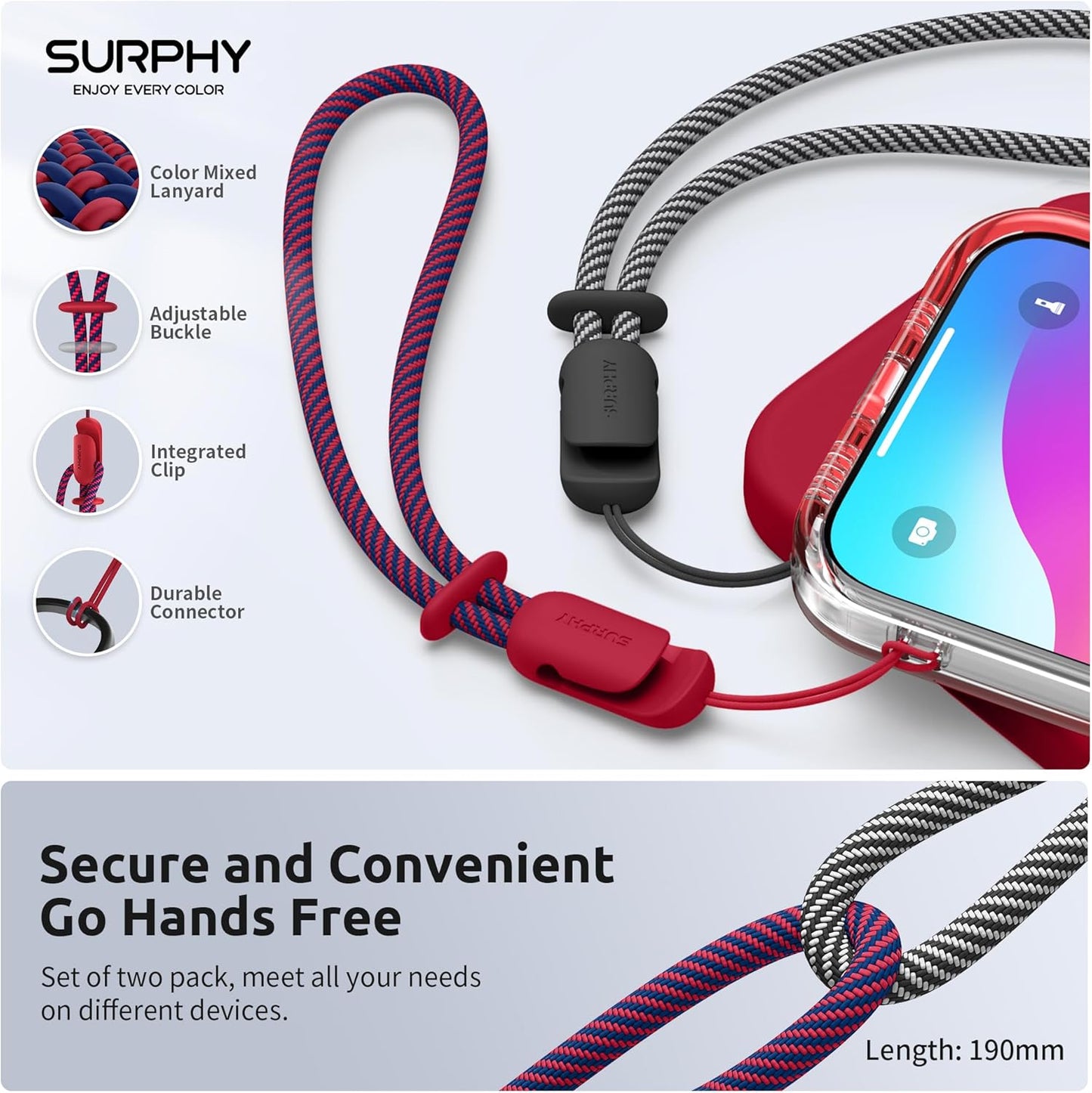 SURPHY 2 Pack Phone Lanyard for Cellphone Case, Phone Wrist Strap for Case, Cellphone Strap with 2-Color Braided, Charm Wrist Lanyard for Women and Men, Cellphone Wrist Lanyard for Women, Red & Black