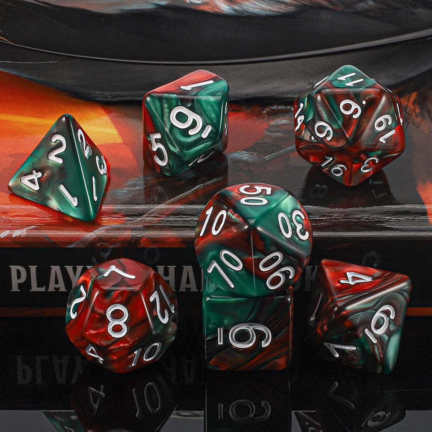 QMAY DND Dice Set - Polyhedral Dice (Red Mix Green) 7 Pcs for Dungeon and Dragons D&D RPG Role Playing Games Dice with Dice Bag