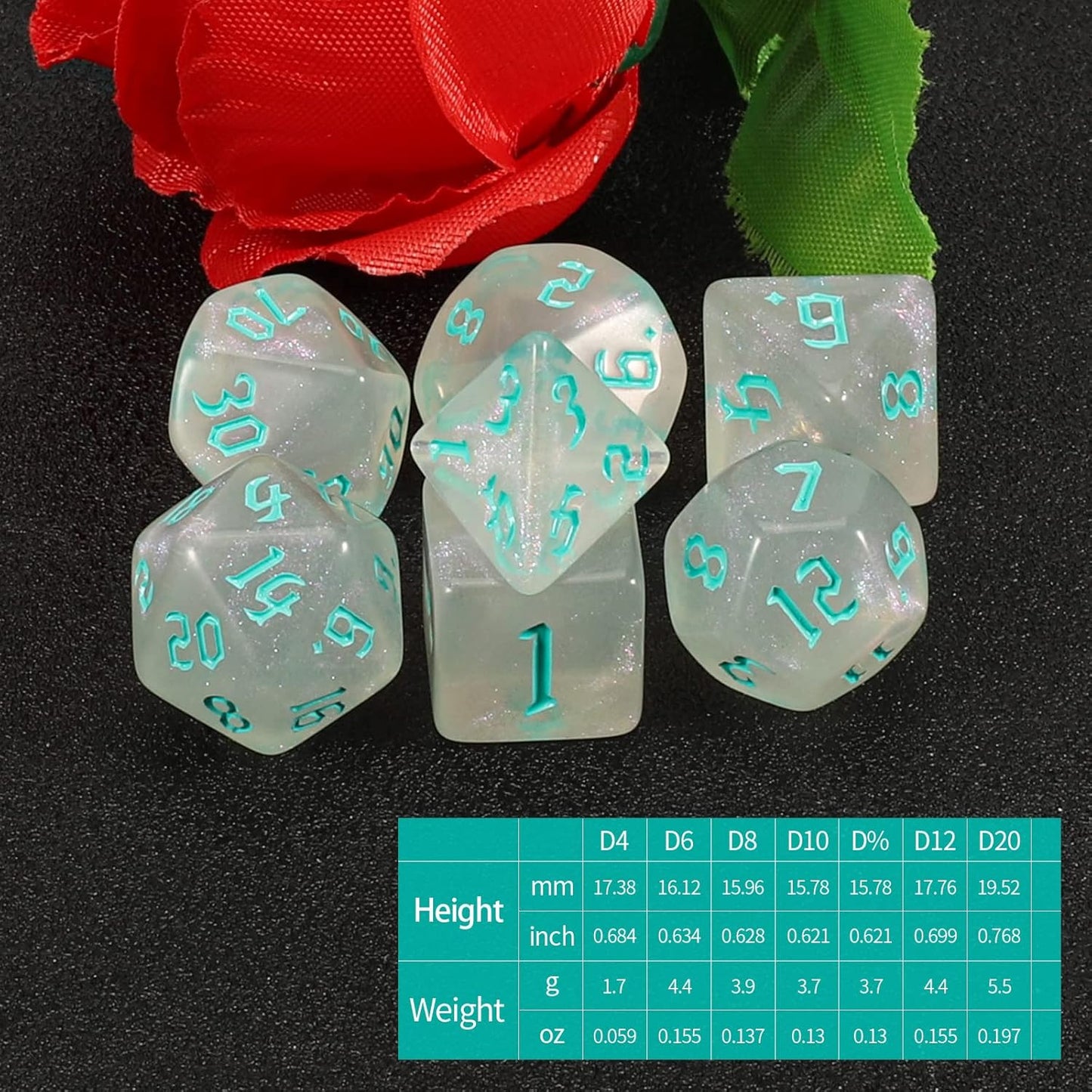 QMAY DND Dice Set -D&D Polyhedral Dice (7 Pcs) for Dungeons and Dragons (Transparent White Glitter)