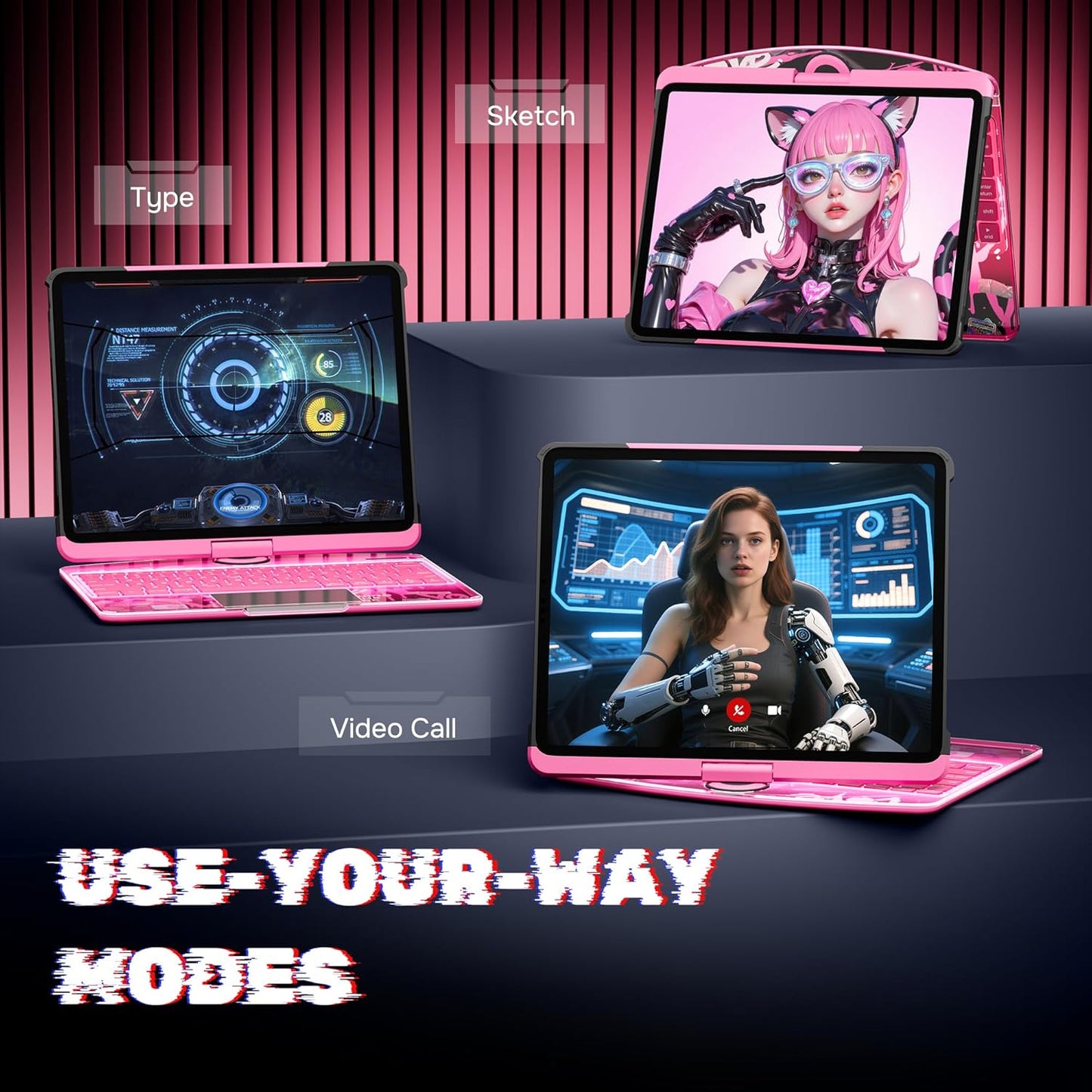 KITONE for iPad Air 11 Inch (M3/M2,2025/2024) Transperant Case with Wireless Keyboard, 7 Color Backlight, Trackpad, 360°Rotating Stand for 10.9" iPad Air 5th/4th, 11" iPad Pro 4/3/2/1 Case, Cyberpunk