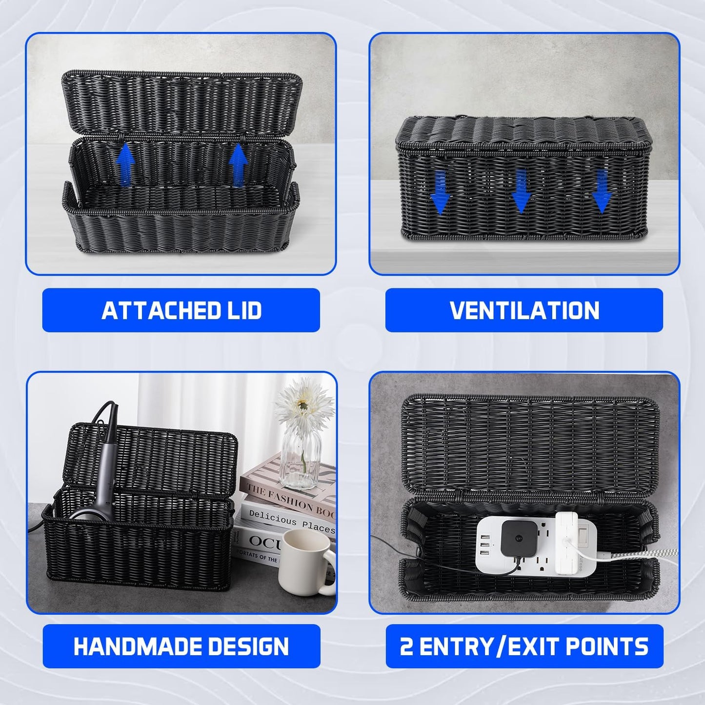 Cable Management Box, Handmade Rattan Cable Organizer, 2 Open Slots Cords Hider Box, Under Desk Cord Organizer for Computer Router USB Hub & Power Strip, Patent Pending, 13" x 5.1" x 5.1", Black