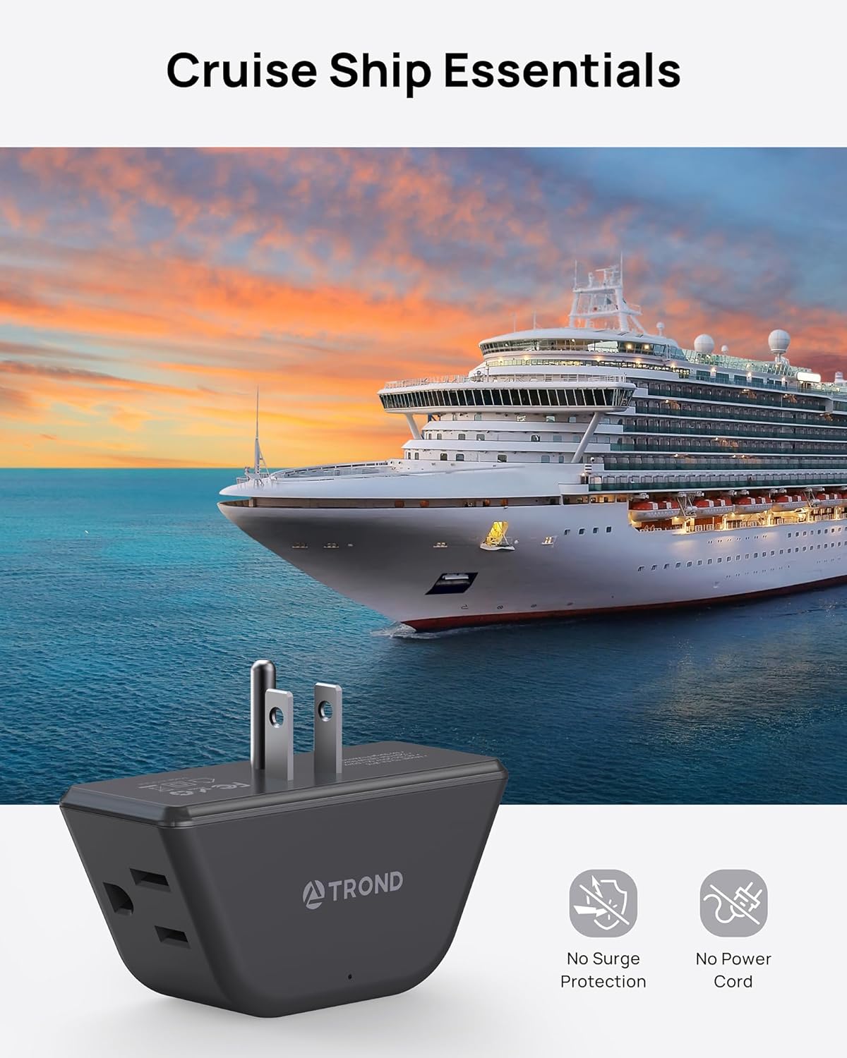 TROND Outlet Extender - 3 Prong Grounded Plug Extension Outlet, 3 Way Angled Wall Plug Splitter, Cruise Ship Essentials, Multiple Expander with 3 Electrical Sockets for Bathroom, Kitchen, Black