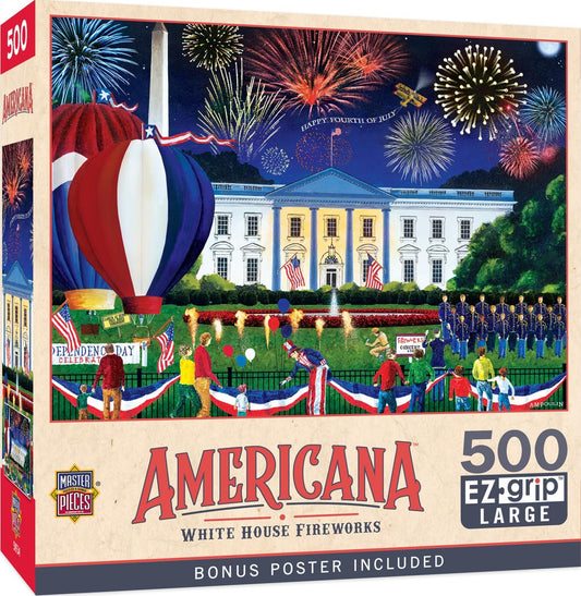 Masterpieces - 500 Piece Jigsaw Puzzle, Large EZ Grip Shapes, White House Fireworks, Fun for Adults, Seniors, Family, Kids, 19.25" x 26.75"