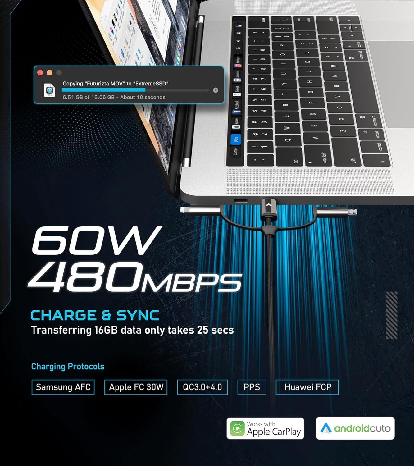 Futurizta Tech [Upgraded] Zeus-X 6-in-1 Universal Multi Cable (10ft/3m) Fast Charging 60W Laptop PD, QC3.0 & 27W iPhone Fast Charging & Data Sync, Military Grade Braided with Cable Organizer Strap